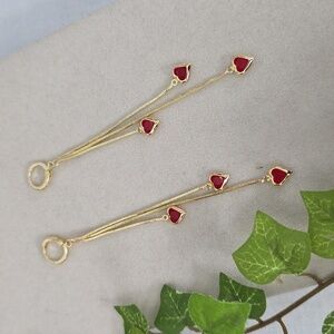 Long Gold Filled Huggie Chain Earrings with Dangle Red Hearts